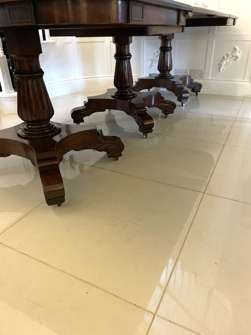 Exceptional Quality Antique Regency Figured Mahogany Triple Pedestal 10/12 Seater Dining Table - Image 14